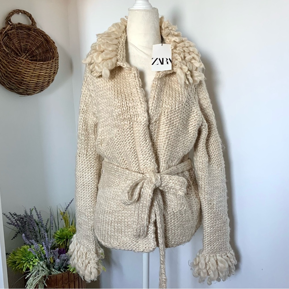 NEW Zara Boho Chunky Knit Wool blend Fringe Belted Cardigan Jacket Ecru NWT SM